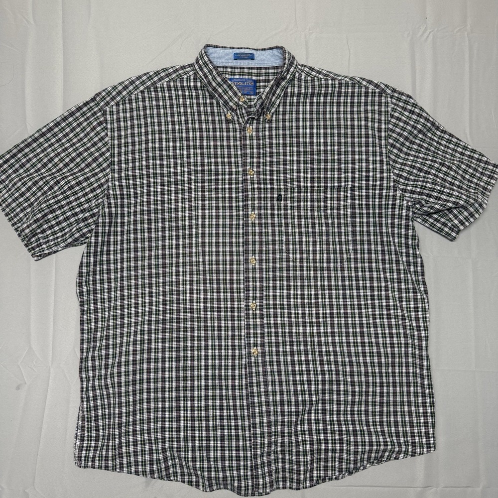 Vintage Pendleton 100% Cotton Button Down‎ Pocket Shirt Plaid Green and Red XL